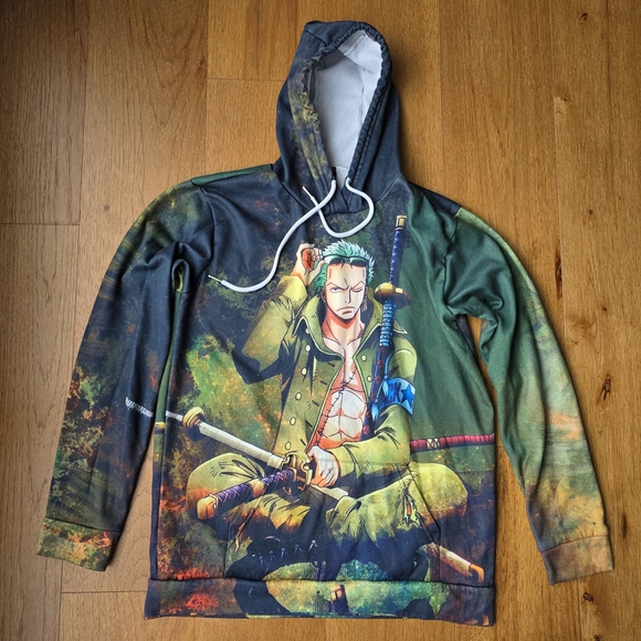 Roronoa Zoro Anime Graphic Hoodie with Sword Design White Lining Youth Size L - Picture 1 of 5